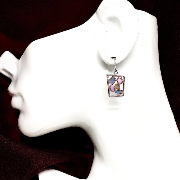 Sterling Silver Dangle Earrings, Baby Blue Pink Modern Pebble Design Earrings - Picture 1 of 5